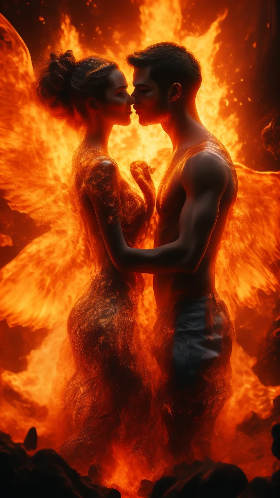 masterpiece，best quality，Extremely detailed，high resolution，1 romantic couple，flame，Dynamic Scene Scale 1.3，Romantic couple kissing in the fire，Firestorm，on fire，Bizarre fantasy image，Excellent skin texture，Magic Circle，Casting a Spell，strange，紫色strength，strength，fiery，meteor。