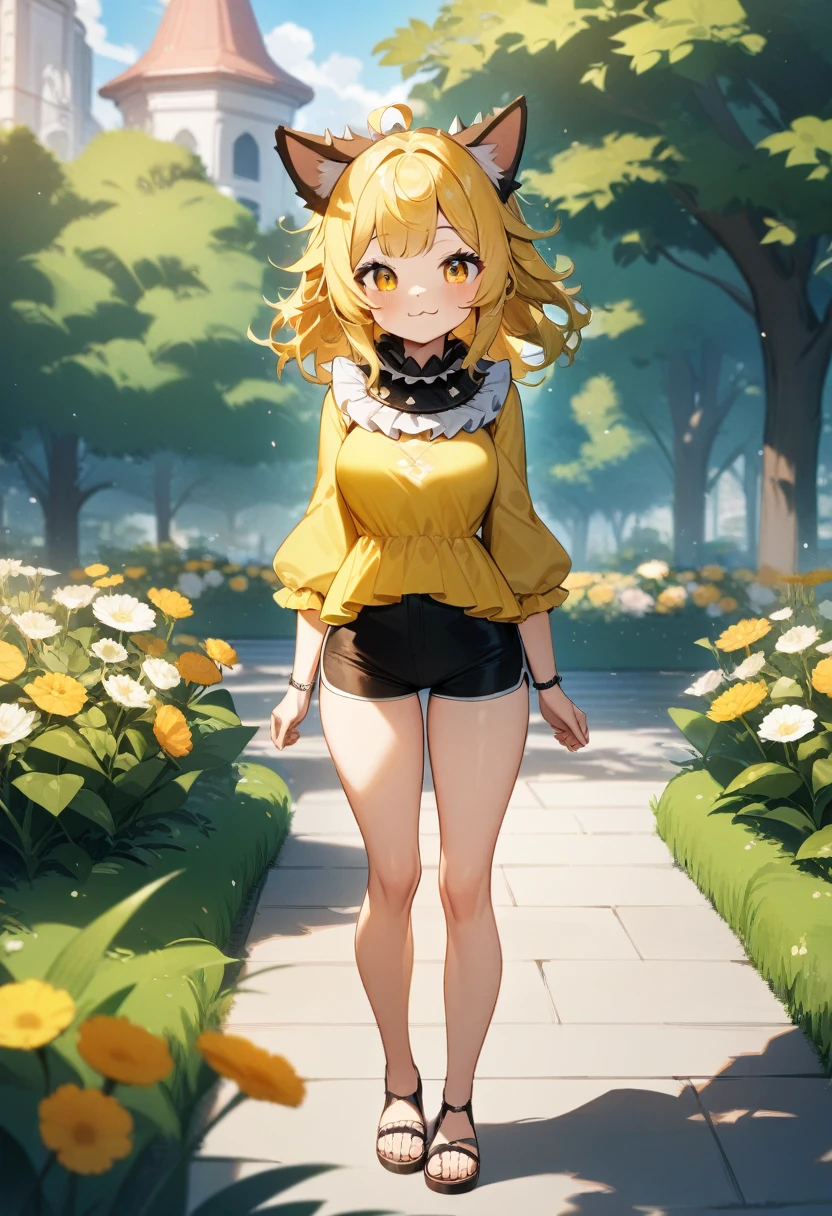 1girl, standing, :3, smile, puppy ears, spiky white ruff collar, cute yellow shirt, black shorts, sandals, medium breasts, spiky hair, messy hair, soft bangs, long yellow hair, park garden, masterpiece quality, ultra HD, 4K, best quality, 