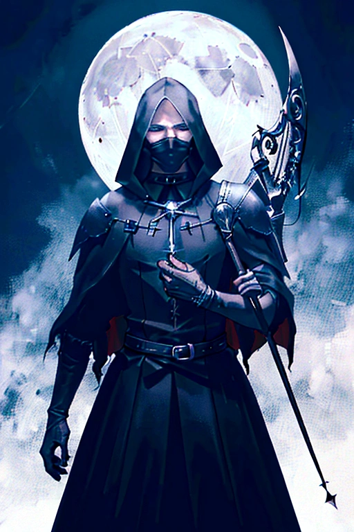 A man wearing a tattered black cloak standing on a high-rise building, wearing a solid black mask, holding a large scythe, a full moon behind him, moonlight casting a cold glow on him, a turtle on his shoulder, extremely detailed facial features, dramatic lighting, dark fantasy, melancholy atmosphere, mysterious, supernatural, surreal, pensive, emotive, grand, (best quality,4k,8k,highres,masterpiece:1.2),ultra-detailed,(realistic,photorealistic,photo-realistic:1.37)