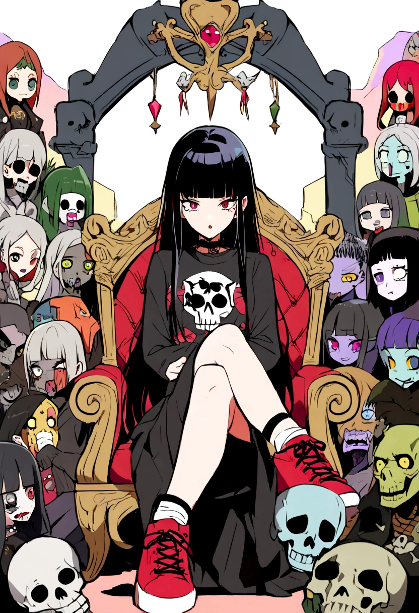 Black Hair、Black Feather、Gothic Punk、Sit on a chair, Crossing your legs、Throne、tears,anime zombie witch design, Crossbones, skull, Streetwear Design, Provector, Horror Style, Full Design, Only 6 colors, Solid Colors, No Shadow, Full Design, Stickers, Bright colors, White Background.Ultra-fine illustrations,(((Beautiful fine hair))),(((Beautiful Faces))),(((Beautiful background))),(((Beautiful fine hair))),(((Beautiful Faces))),(((Beautiful background)))、Black Hair、Blunt bangs