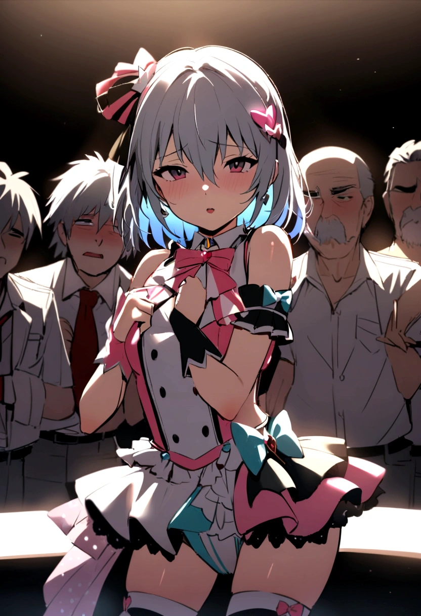 masterpiece, best quality, extremely detailed, evangelion kaworu nagisa, kaworu nagisa, seductive, hot, cute, extremely cute, (sexualized, harassed, sexual assault, sexualized by dirty old men) idol, on stage, strong shining aura, (cute idol clothes, alot of accessories, hair accessories) idol group member, center of attention, audience 