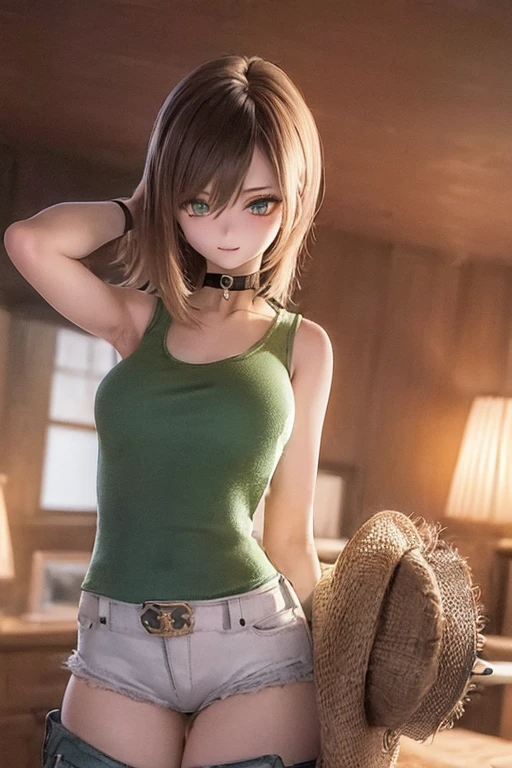 (SFW:2), photorealistic, realistic photo, ((highest quality)), ((masterpiece)), (extremely detailed), kukolnydom, doll, (mature woman, 22yo, 22 years old:1.6), solo, ((cowboy shot, dynamic pose)), skinny, slender, slim, (light smile, parted lips), green eyes, brown hair, (looking at another, gradient eyes, shining eyes, detailed eyes, detailed face, tank top, hot pants, choker:1.3), room, 8k