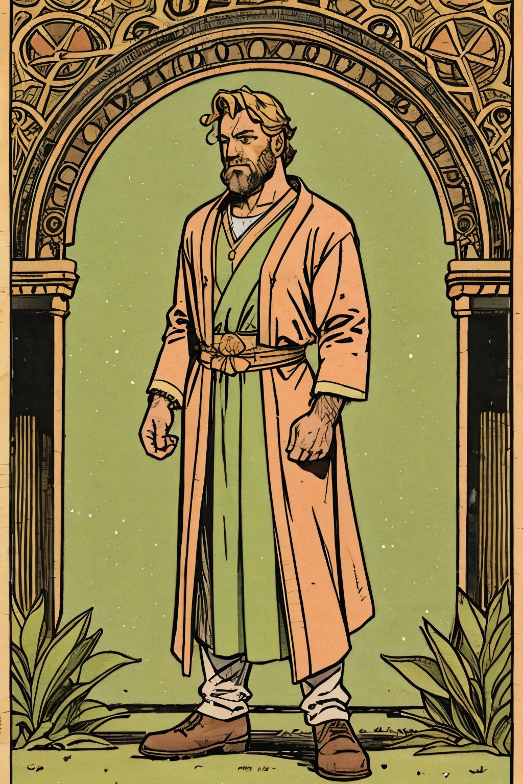 a man , wering peach colour cloths, standing with a green aura  in front of king 