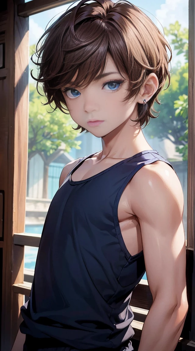 (absurderes、A high resolution、ultra - detailed)、tmasterpiece、top-quality、7 ,younge boy、solo、A handsome、short detailed hair、brunette color hair、eBlue eyeinely eye and detailed face、Tank top、Real shadows、joy、Connect the ears、The upper part of the body