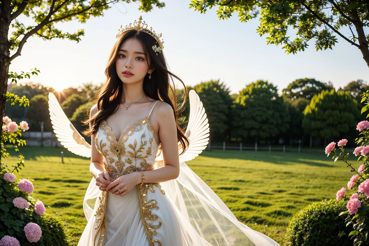A surreal and enchanting image of a sun queen with wings made of radiant sunlight, gracefully fluttering through a garden filled with vibrant, fragrant blooms. She wears a delicate crown adorned with flowers and leaves, and her ethereal presence brings warmth and life to the scene. The background reveals a dreamy, golden sky with a gentle sunset, evoking a sense of summer's glory.