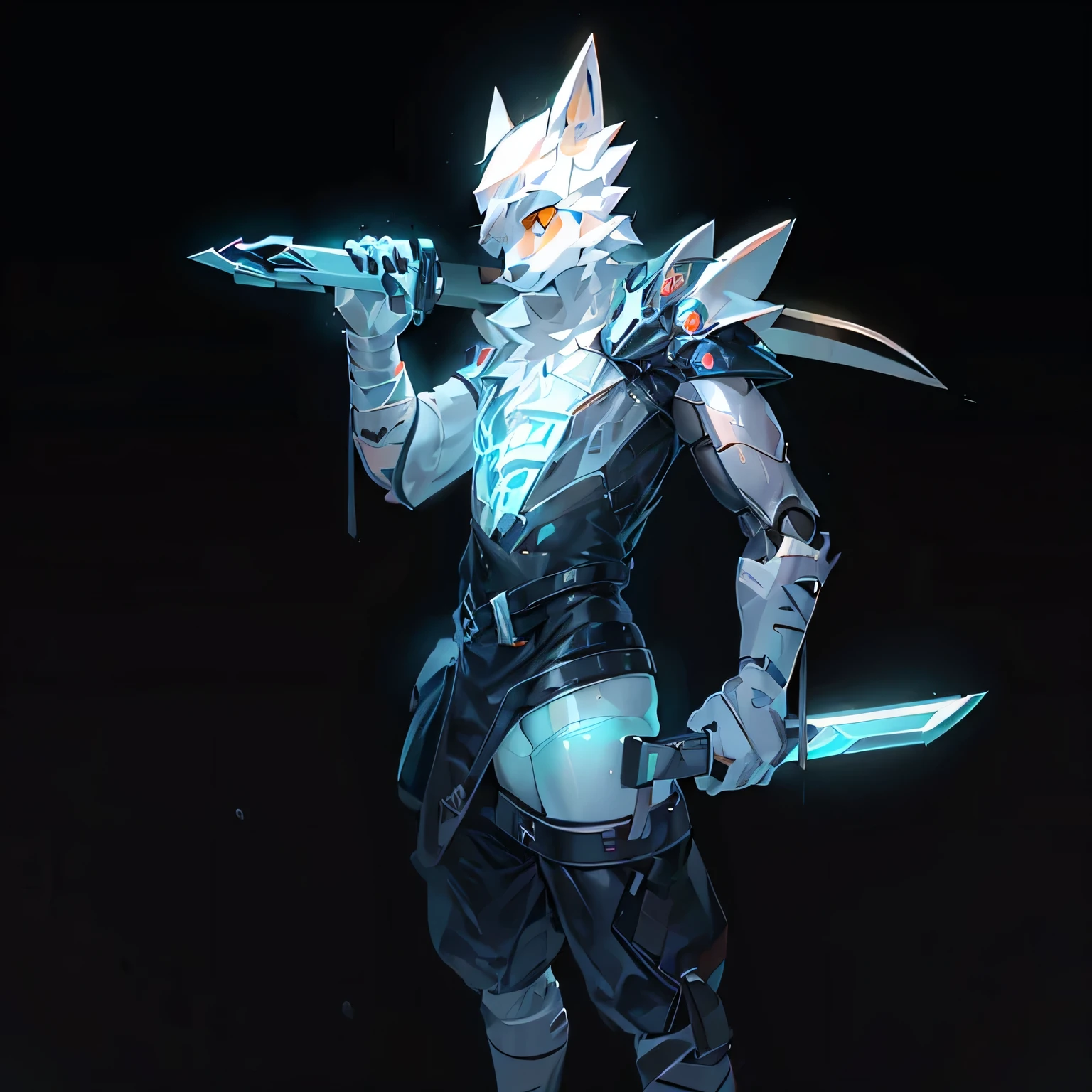 Cyberpunk characters，Epcot，Tech style，Alone，White body，White ears，White hair，Overall white，Orange eyes，Wolf Tail，Wolf Orc，young，Wear short-sleeved shirts，Ultra-clear screen，Soft lines