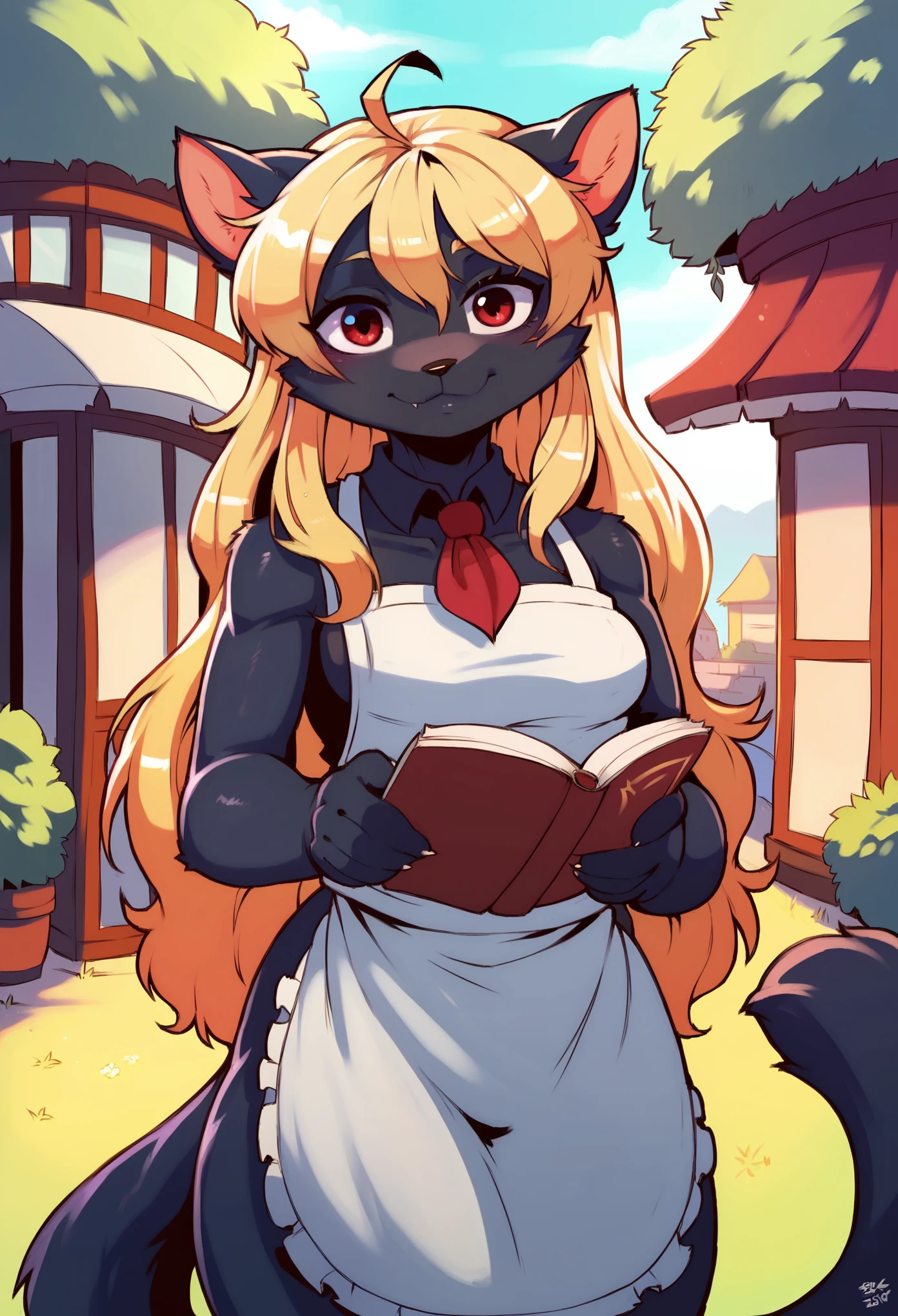 solo,masterpiece, 8k,best quality ,furry girl,8k,hdr,hires,high detail fur,
outdoors,servalcat,holding_book
perfect anatomy,blonde,long hair,look at looking at viewer,(white apron:1.1),red neckchief