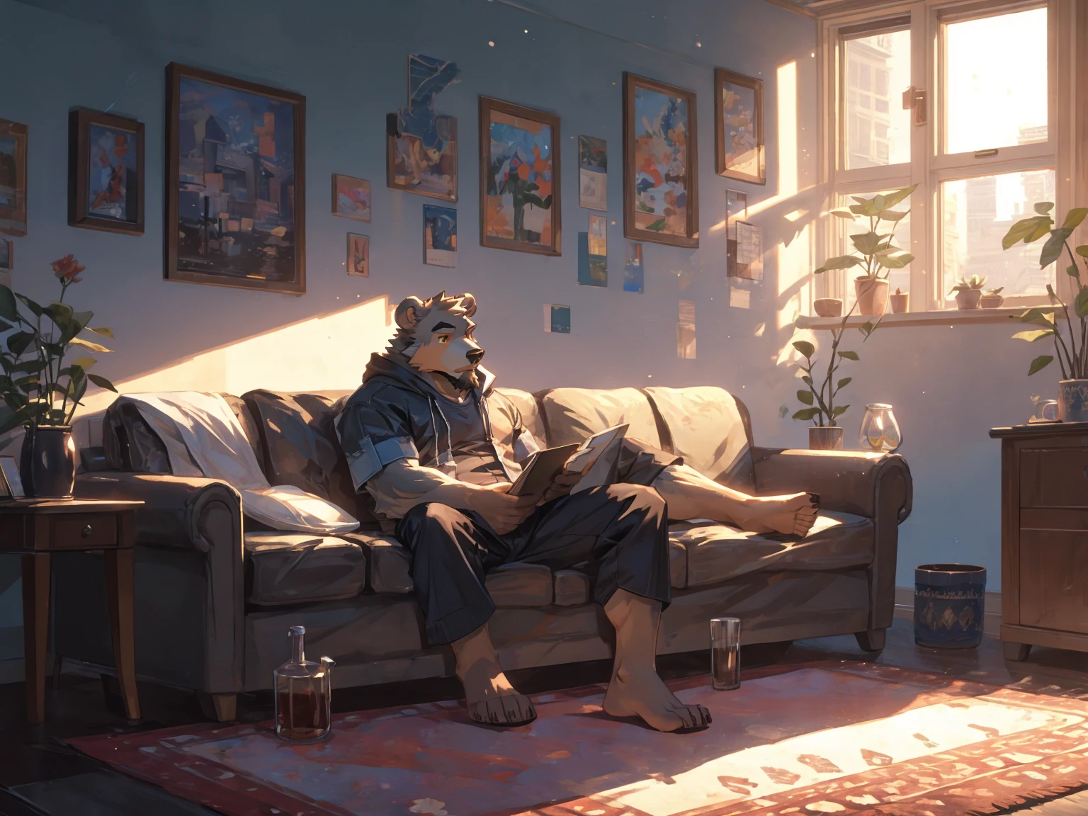 (masterpiece:1.2), best quality,pixiv,official art,perfect anatomy, (Ray tracing, light),solo, (1_male:1.3) , (muscle), (grey fur:1.4), (muscle bear), (beard:1.2), (gleaming golden eyes), bear tail, Thick black eyebrows, (open hooded parka) , (naked inside:1.2), cargo shorts, barefoot , (morden apartment: 1.3), french window, indoor , fur carpet , cushion , rest on sofa