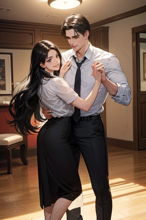 a beautiful young woman with long black hair wearing a white blouse, standing in a bright western-style room with two handsome middle-aged men in suits, one with a cool expression and the other with a bright smile, all three are engaged in a cheerful country-style dance with a sense of rhythm, the lighting is soft and flattering, creating a polished, photorealistic scene of high quality.