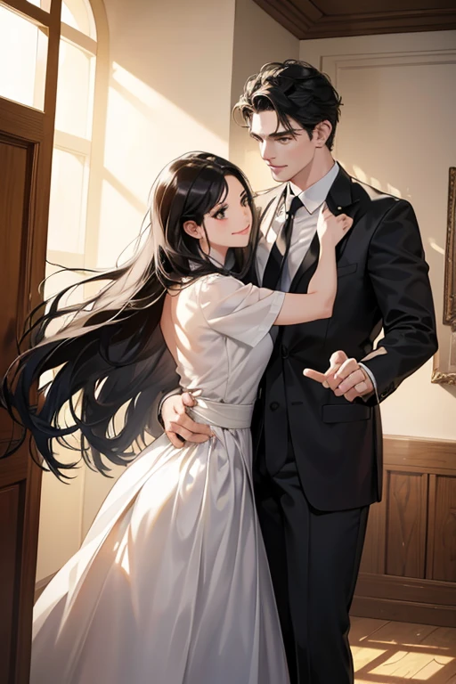 a beautiful young woman with long black hair wearing a white blouse, standing in a bright western-style room with two handsome middle-aged men in suits, one with a cool expression and the other with a bright smile, all three are engaged in a cheerful country-style dance with a sense of rhythm, the lighting is soft and flattering, creating a polished, photorealistic scene of high quality.