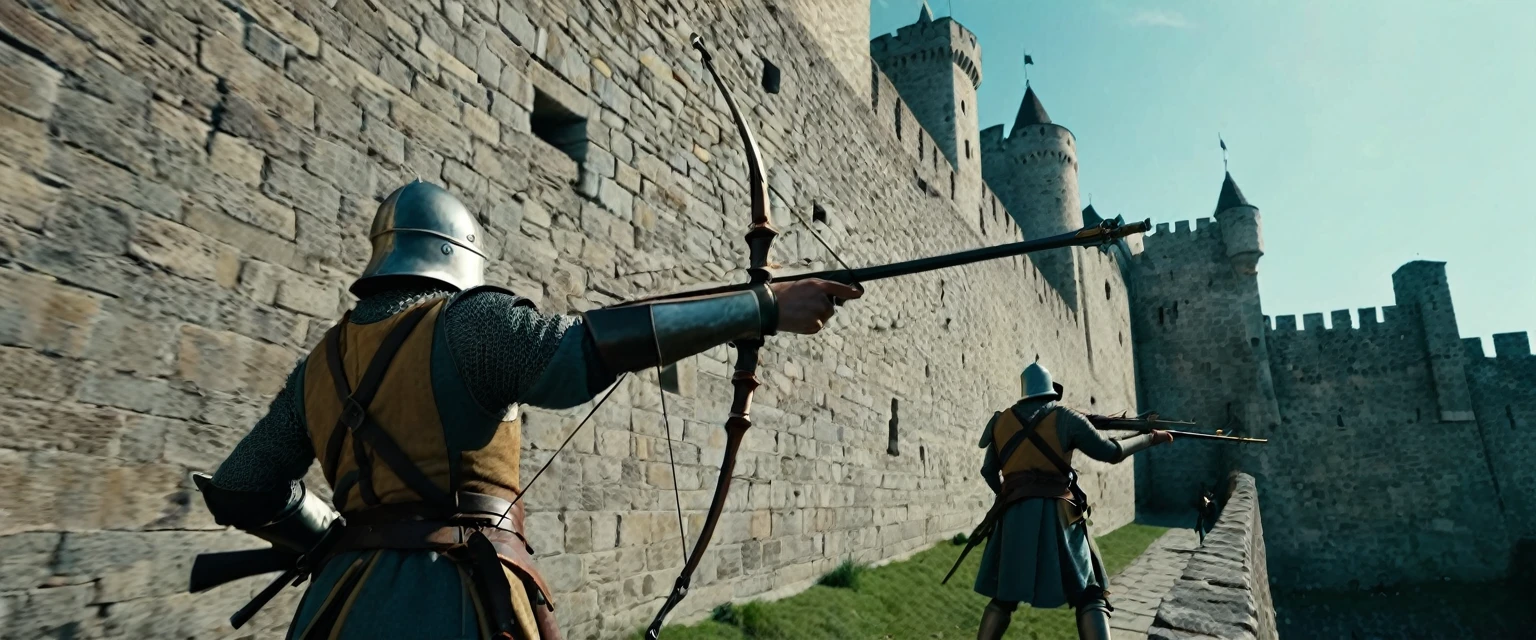 score_9, score_8_up, score_7_up, source_photo, photography, photorealistic, detailed, cinematic angle, rating safe, pov, viewer is under the city walls, from below, Wide shot, Medieval soldiers on the city wall firing their bowguns against viewer, masterpiece, best quality, 8k,
