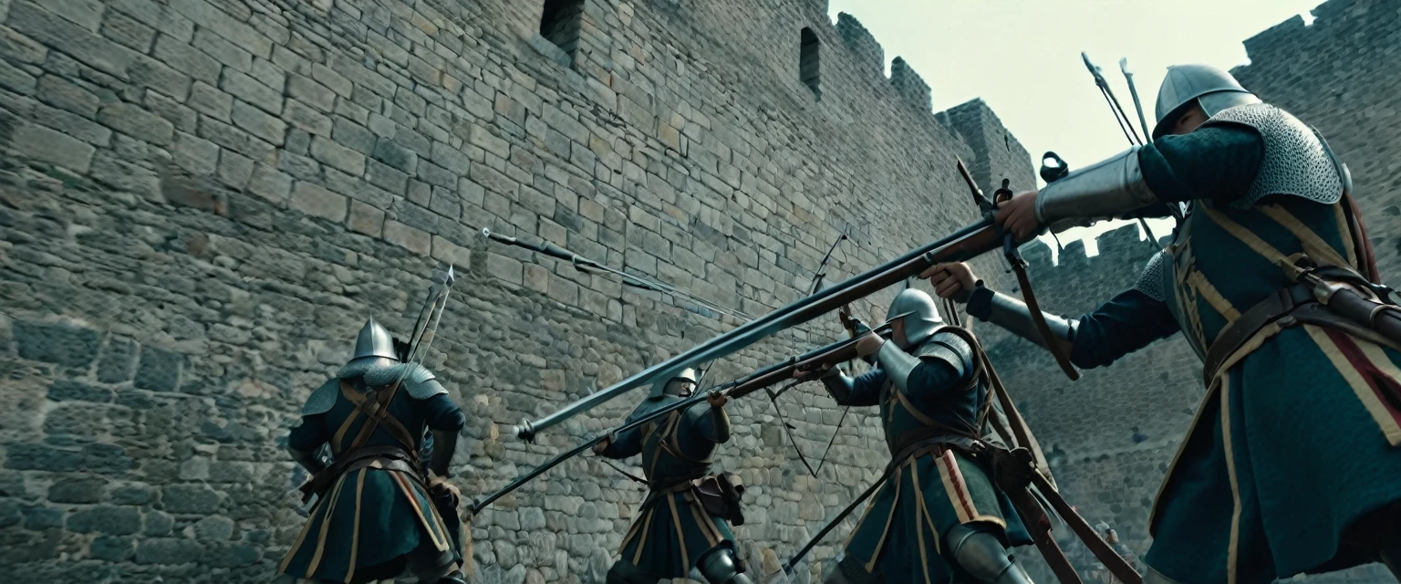 score_9, score_8_up, score_7_up, source_photo, photography, photorealistic, detailed, cinematic angle, rating safe, pov, viewer is under the city walls, from below, Wide shot, Medieval soldiers on the city wall firing their bowguns against viewer, masterpiece, best quality, 8k,