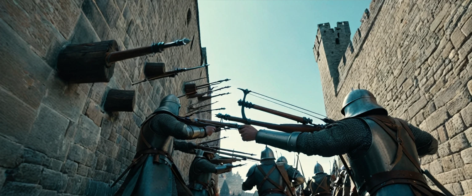 score_9, score_8_up, score_7_up, source_photo, photography, photorealistic, detailed, cinematic angle, rating safe, pov, viewer is under the city walls, from below, Wide shot, Medieval soldiers on the city wall firing their bowguns against viewer, masterpiece, best quality, 8k,