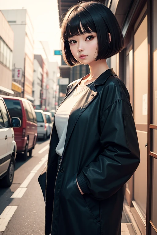 20 years old Japanese girl. With a bob haircut. She is trendy.