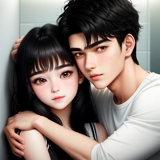 Couple hug scene in toilet face-to-face
20-year-old boy and 18-year-old girl, Detailed face, Detailed eyes, double eyelid,, Handsome-cool-warm-boy with black hair and hot-seductive-sexy-cute-beautiful-girl with black hair and blushing face. Intimate vibes.