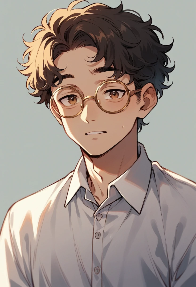 A young man. Your face has an oval shape with a balanced structure.. He wears round gold glasses that highlight his great, expressive eyes.. His forehead is wide, and her short curly hair'I don't cover it much. He has a straight nose that is proportional to the rest of his face.., and his thin lips form a slight smile that suggests confidence.. The jaw is well defined but soft., no sharp angles, femboy, mini skirt, long socks, being caught, Semen, big ass, mulatto skin, elevator, gay sex, big penises,