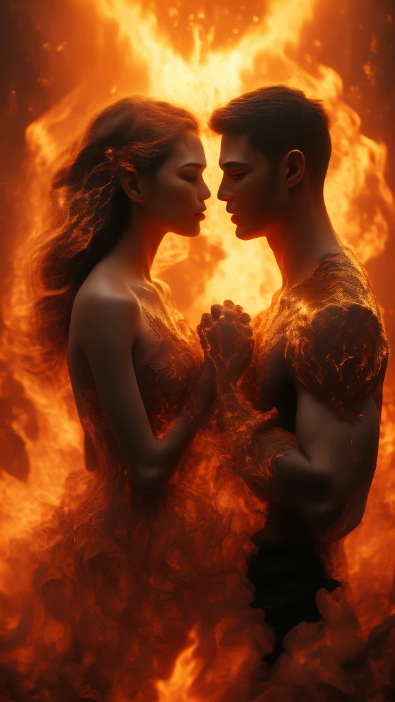 masterpiece，best quality，Extremely detailed，high resolution，1 romantic couple，flame，Dynamic Scene Scale 1.3，Romantic couple kissing in the fire，Firestorm，on fire，Bizarre fantasy image，Excellent skin texture，Magic Circle，Casting a Spell，strange，紫色strength，strength，fiery，meteor。