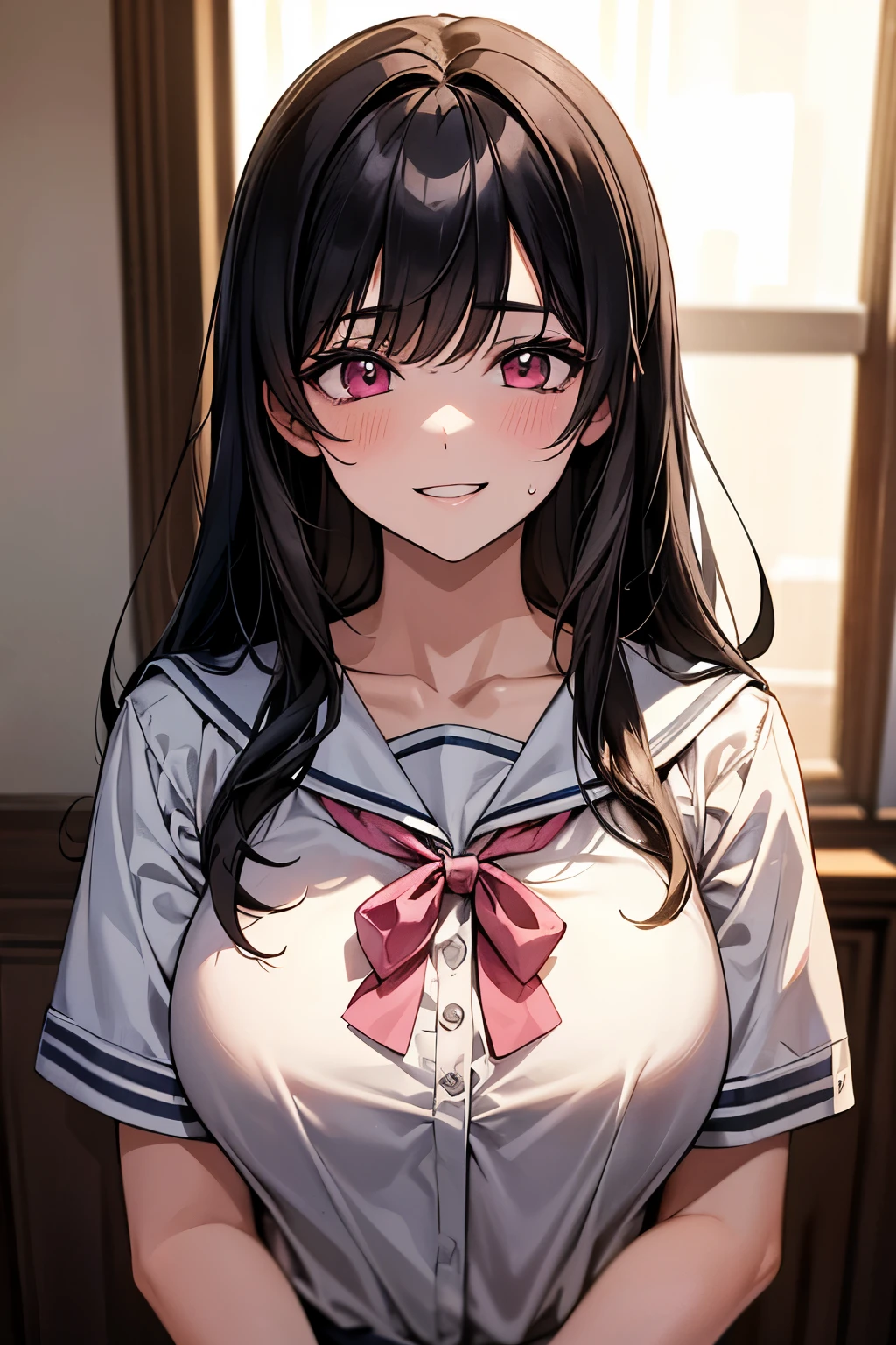 (best quality:1.1), (Masterpiece:1.2), lady, long hair, black hair, Hair bow, pink eyes, :1.2, beautiful, cute, Bright face, Good mood, high school girl, student uniform set, Sweating, ปากอมชมพู, ยิ้ม, ห้องเรียน, เย้ายวน, collarbone, ((Highest quality, Best Performance, Maximum details, Light and shadow details:1.2, 4k details))
