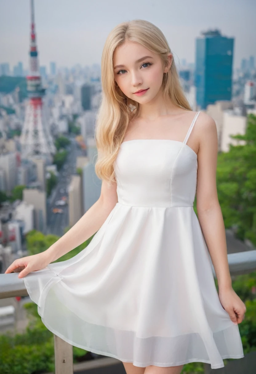 Leila、16 years old、(Russian women)、(((Cute face:1.3)))、Thin contours、Grey Eyes、、Blonde medium-long hair、Big odel Style、(((whole body:1.8)))、White dress、Inside the city of Tokyo