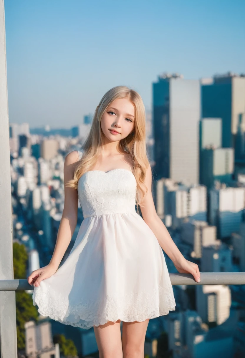Leila、16 years old、（Russian women）、（（（Cute face:1.3）））、Thin contours、Grey Eyes、、Blonde medium-long hair、Big odel Style、（（（whole body:1.8）））、White dress、Inside the city of Tokyo
