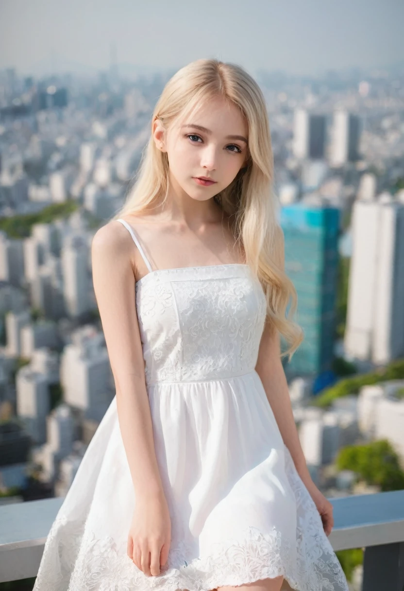 Leila、、(Russian women)、(((Cute face:1.3)))、Thin contours、Grey Eyes、、Blonde medium-long hair、Big odel Style、(((whole body:1.8)))、White dress、Inside the city of Tokyo