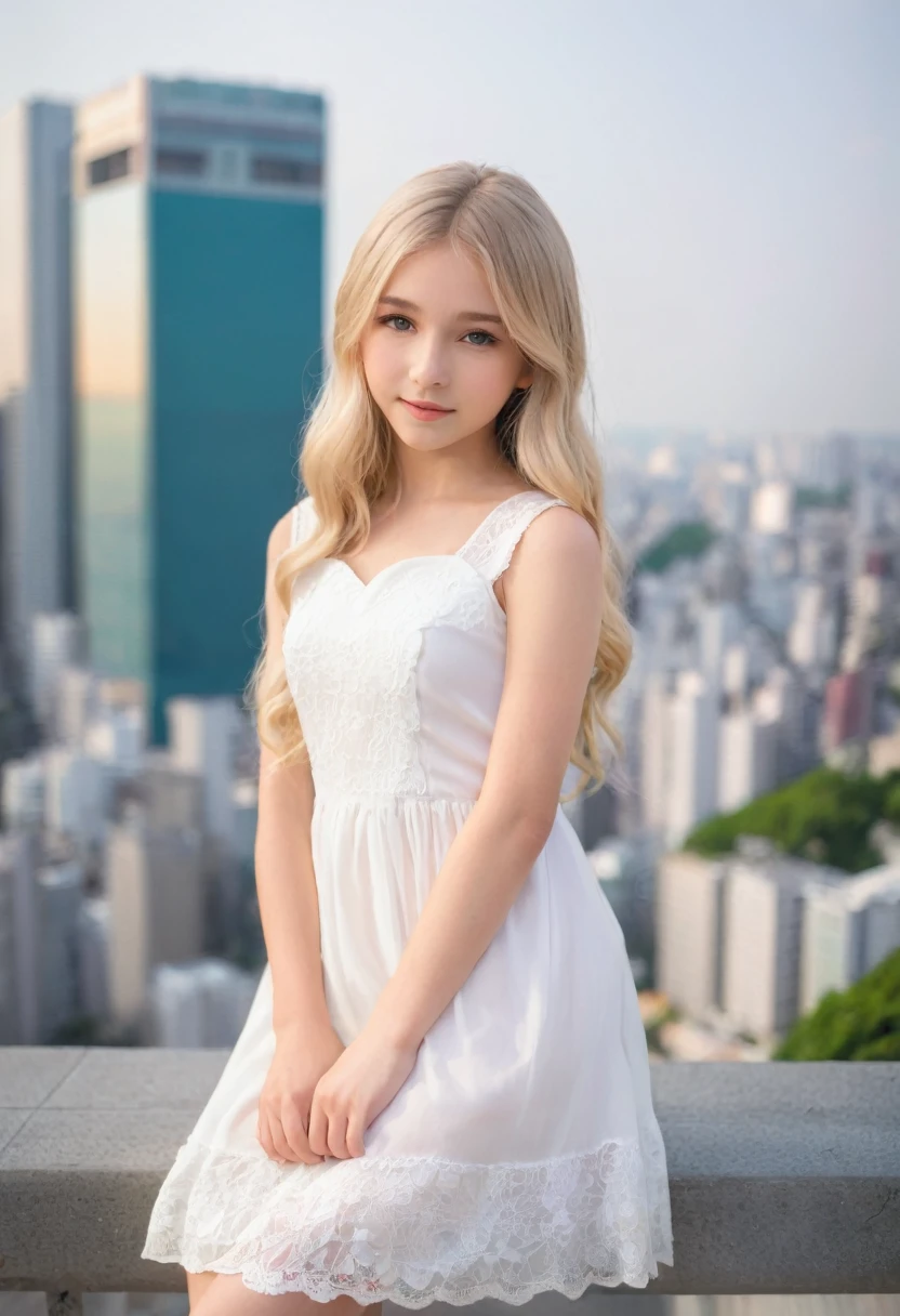 Leila、、(Russian women)、(((Cute face:1.3)))、Thin contours、Grey Eyes、、Blonde medium-long hair、Big odel Style、(((whole body:1.8)))、White dress、Inside the city of Tokyo