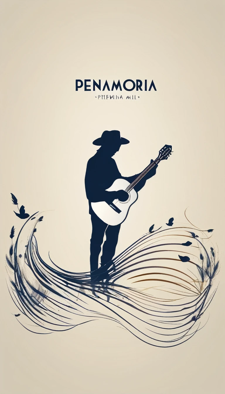 A minimal, modern, simple, cinematic logotype for the brand “Penamemoria". The logotype must be a simple, magical feather and a boy playing acoustic guitar. The logo must convey a sense of music, stories and dreams. Logo design impressed on a book cover. Minimalistic logo
