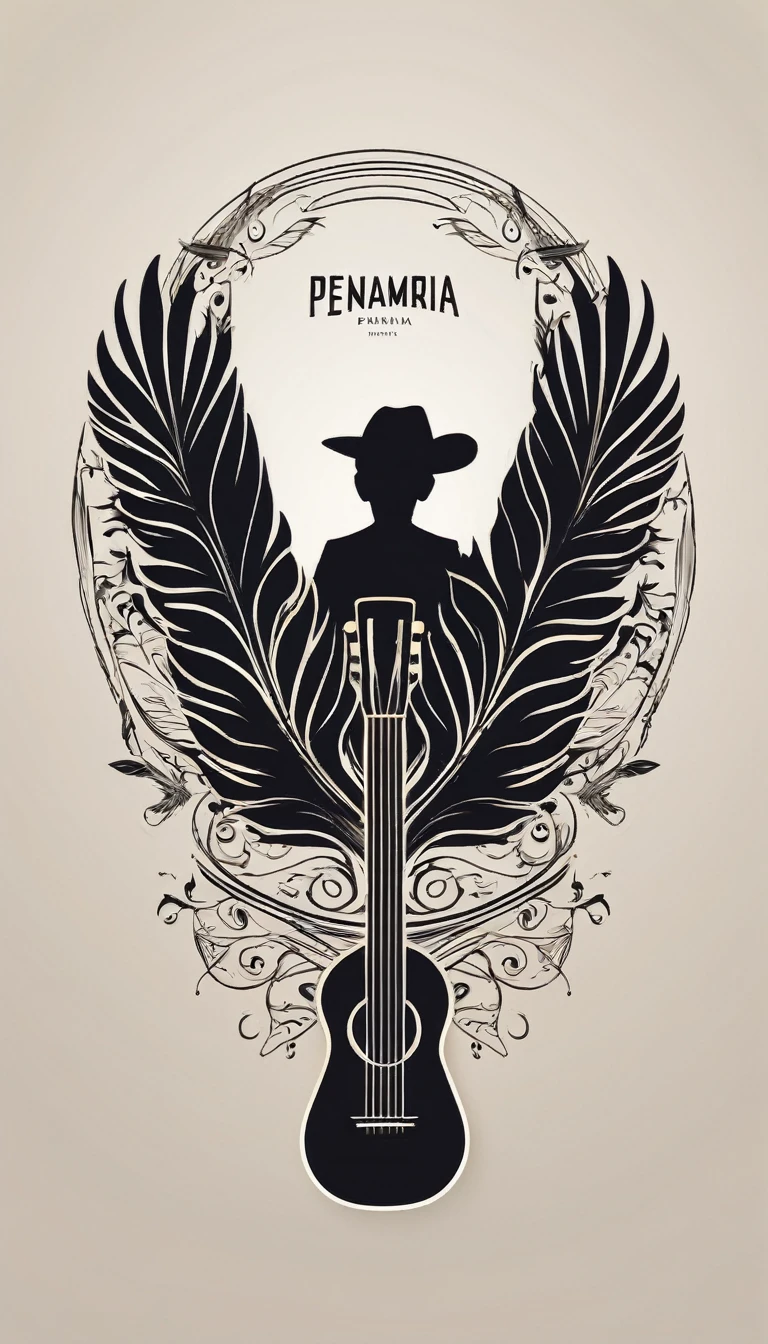 A minimal, modern, simple, cinematic logotype for the brand “Penamemoria". The logotype must be a simple, magical feather and a boy playing acoustic guitar. The logo must convey a sense of music, stories and dreams. Logo design impressed on a book cover. Minimalistic logo
