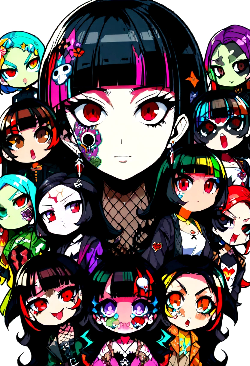 Black Hair、Black Feather、Gothic Punk、Sit on a chair, Crossing your legs、Throne、,anime zombie witch design, Crossbones, skull, Streetwear Design, Provector, Horror Style, Full Design, Only 6 colors, Solid Colors, No Shadow, Full Design, Stickers, Bright colors, White Background.Ultra-fine illustrations,(((Beautiful fine hair))),(((Beautiful Faces))),(((Beautiful background))),(((Beautiful fine hair))),(((Beautiful Faces))),(((Beautiful background))),Midsummer、beachBlack Hair、Blunt bangs、squint