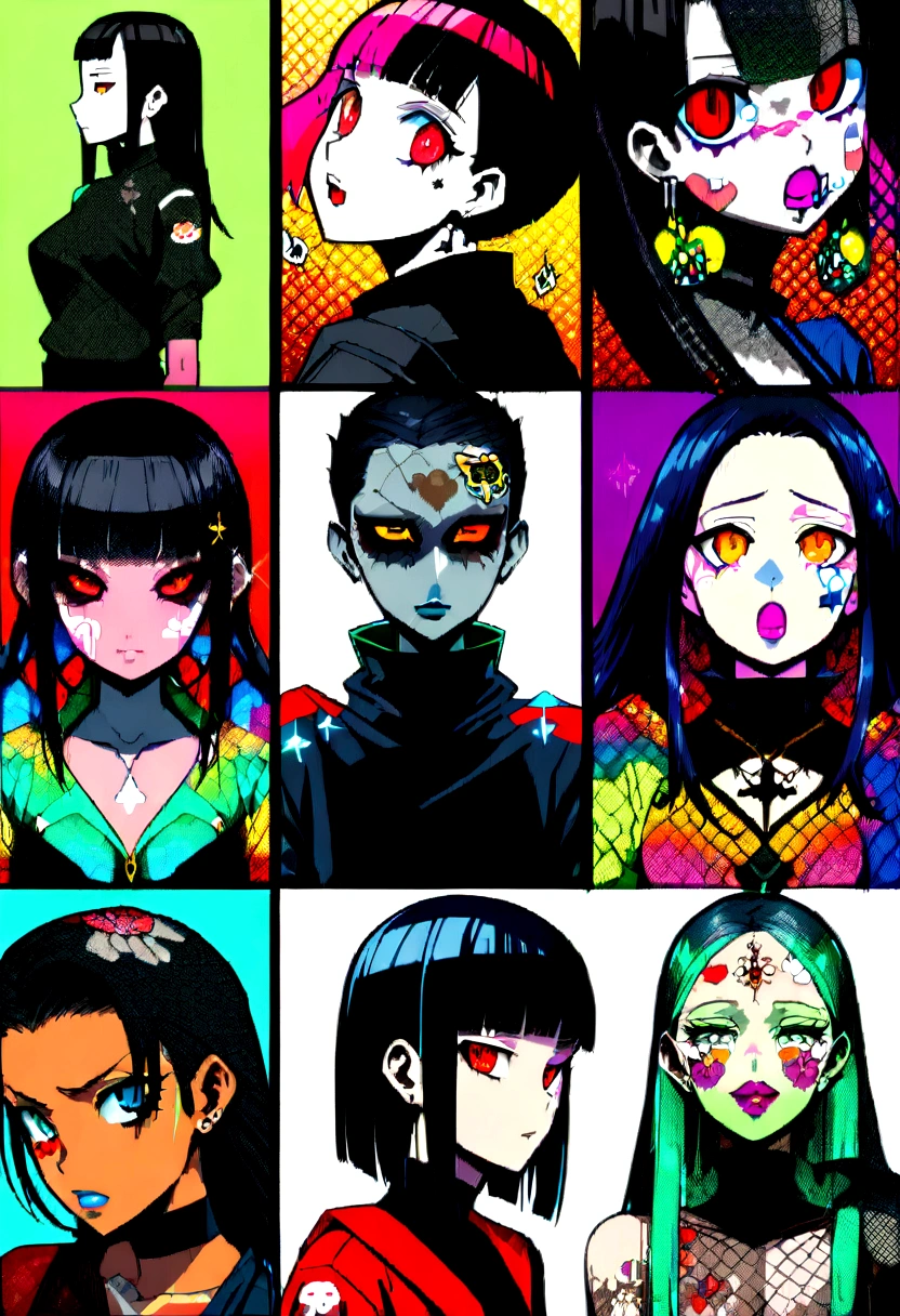Red Eyes、Black Hair、Black Feather、Gothic Punk、turn around、tears,anime zombie witch design, wave hands、, street wear design, pro vector, Horror style, full design, 6 colors only, solid colors, no shadows, full design, sticker, bright colors, white background.super fine illustration,(((beautiful fine hair))),(((beautiful fine face))),(((beautiful fine background))),(((beautiful fine hair))),(((beautiful fine face))),(((beautiful fine background)))、Black Hair、blunt bangs