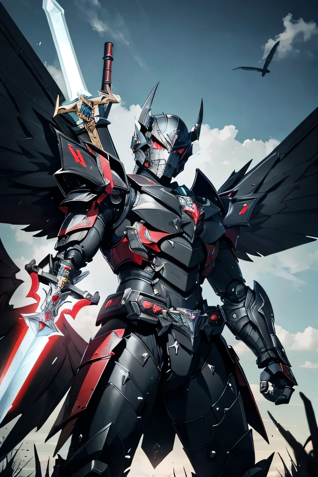 1 kamen rider, armor, mechanical, male, full armor, ((demonic wings)), ((holding broadsword:1.5)), superhero, muscular, heavy metal, mechanical marvel, guardian, ((black armor)), dark hero, anti hero, violent, bloody, absurdres, high resolution, ultrasharp, 8k, masterpiece