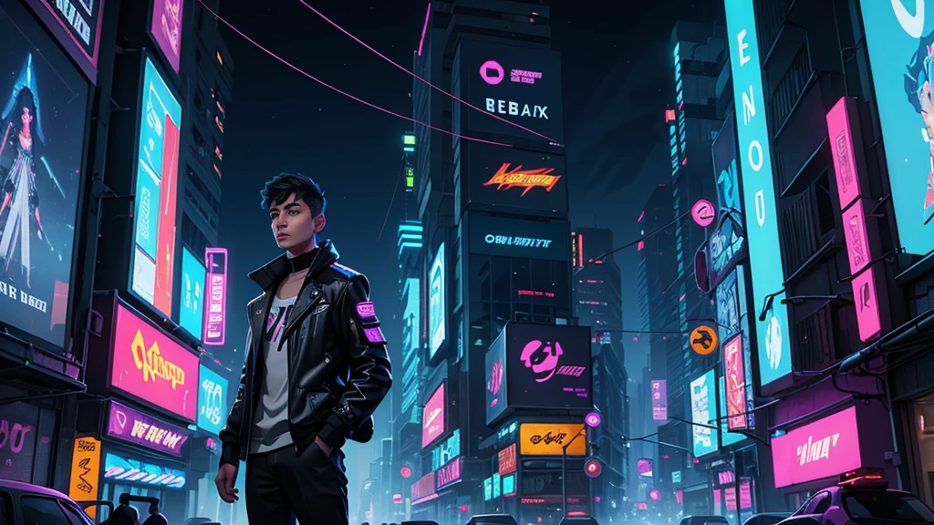 A young man is standing in the center of a narrow, gloomy street in a cyberpunk metropolis. The environment is dominated by bright neon lights that cast an iridescent aura over everything around.. Tall, futuristic buildings rise all around, covered in holograms and digital screens that display advertisements and distorted images. The night sky is illuminated by floating holograms and strings of neon lights that cut through the air.

the young, wearing urban and technological clothes, is in a contemplative pose, with eyes fixed on some distant point, lost in his own thoughts. Your face reflects a mixture of curiosity, loneliness and slight restlessness, as if he were searching for answers amidst the visual and technological chaos around him.
