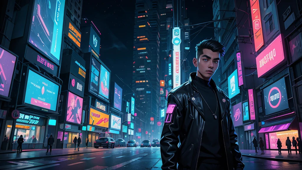 A young man is standing in the center of a narrow, gloomy street in a cyberpunk metropolis. The environment is dominated by bright neon lights that cast an iridescent aura over everything around.. Tall, futuristic buildings rise all around, covered in holograms and digital screens that display advertisements and distorted images. The night sky is illuminated by floating holograms and strings of neon lights that cut through the air.
the young, wearing urban and technological clothes, is in a contemplative pose, with eyes fixed on some distant point, lost in his own thoughts. Your face reflects a mixture of curiosity, loneliness and slight restlessness, as if he were searching for answers amidst the visual and technological chaos around him.