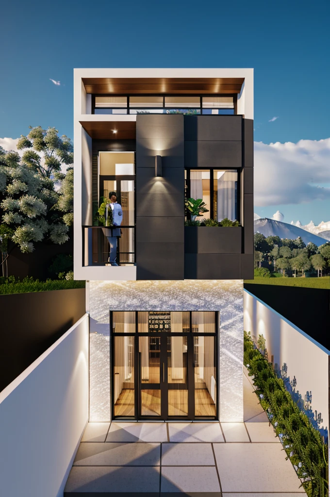 a render vray of a tall townhouse, (roof slat wooden detail:1.1), (white wall:1.2), modern exterior, with a plant on the top of it, frontview, elevation view, front-view, front elevation view, mid-view, modern lush condo as shopfront, front perspective, complete house, front view, overall architectural design, street elevation, 3/4 view from below, The ambient lighting highlights the textures and details, creating a stock photo-like atmosphere, best quality, (((Best Quality: 1.1))), ((Super Detail: 1.1))(straight strokedetail:1.3), (Intricate lines:1.1), ((Photorealism:1.1)),(((hyper detail:1.1))), archdaily, award winning design, (dynamic light:1.5), (day light:1), (perfect light:1.5), (shimering light :1.5), refection glass windows, trees, beautiful sky, photorealistic, FKAA, TXAA, RTX, SSAO, Post Processing, Post-Production, CGI, VFX, SFX, Full color,((Unreal Engine 5)), Canon EOS R5 Camera + Lens RF 45MP full-frame CMOS sensor, HDR, Realistic,8k,((Unreal Engine 5)), Cinematic intricate detail, extreme detail, science, hyper-detail, FKAA, super detail, super realistic, crazy detail, intricate detail, nice color grading, reflected light on glass, eye-catching wall lights, unreal engine 5, octane render, cinematic, trending on artstation, High-fidelity, Viwvid, Crisp, Sharp, Bright, Stunning, ((Lifelike)), Natural, ((Eye-catching)), Illuminating, Flawless, High-quality,Sharp edge rendering, medium soft lighting, photographic render, detailed archviz
