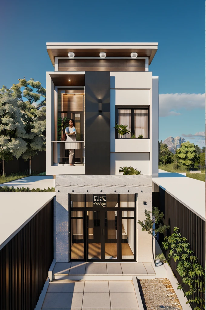 a render vray of a tall townhouse, (roof slat wooden detail:1.1), (white wall:1.2), modern exterior, with a plant on the top of it, frontview, elevation view, front-view, front elevation view, mid-view, modern lush condo as shopfront, front perspective, complete house, front view, overall architectural design, street elevation, 3/4 view from below, The ambient lighting highlights the textures and details, creating a stock photo-like atmosphere, best quality, (((Best Quality: 1.1))), ((Super Detail: 1.1))(straight strokedetail:1.3), (Intricate lines:1.1), ((Photorealism:1.1)),(((hyper detail:1.1))), archdaily, award winning design, (dynamic light:1.5), (day light:1), (perfect light:1.5), (shimering light :1.5), refection glass windows, trees, beautiful sky, photorealistic, FKAA, TXAA, RTX, SSAO, Post Processing, Post-Production, CGI, VFX, SFX, Full color,((Unreal Engine 5)), Canon EOS R5 Camera + Lens RF 45MP full-frame CMOS sensor, HDR, Realistic,8k,((Unreal Engine 5)), Cinematic intricate detail, extreme detail, science, hyper-detail, FKAA, super detail, super realistic, crazy detail, intricate detail, nice color grading, reflected light on glass, eye-catching wall lights, unreal engine 5, octane render, cinematic, trending on artstation, High-fidelity, Viwvid, Crisp, Sharp, Bright, Stunning, ((Lifelike)), Natural, ((Eye-catching)), Illuminating, Flawless, High-quality,Sharp edge rendering, medium soft lighting, photographic render, detailed archviz