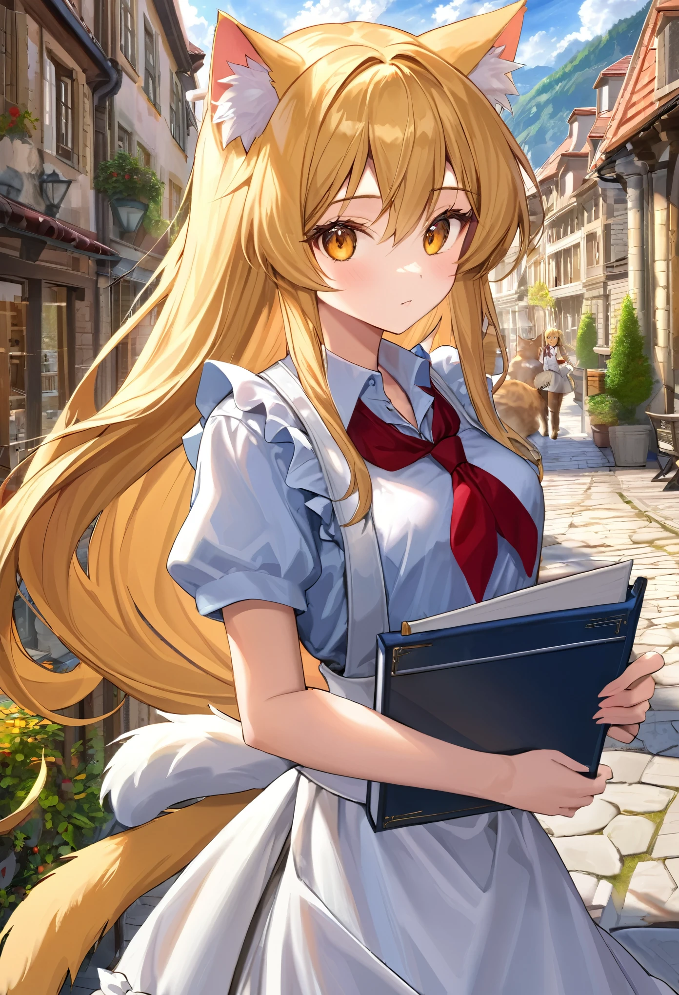 solo,masterpiece, 8k,best quality ,furry girl,8k,hdr,hires,high detail fur,
outdoors,servalcat,holding_book
perfect anatomy,blonde,long hair,look at looking at viewer,(white apron:1.1),red neckchief