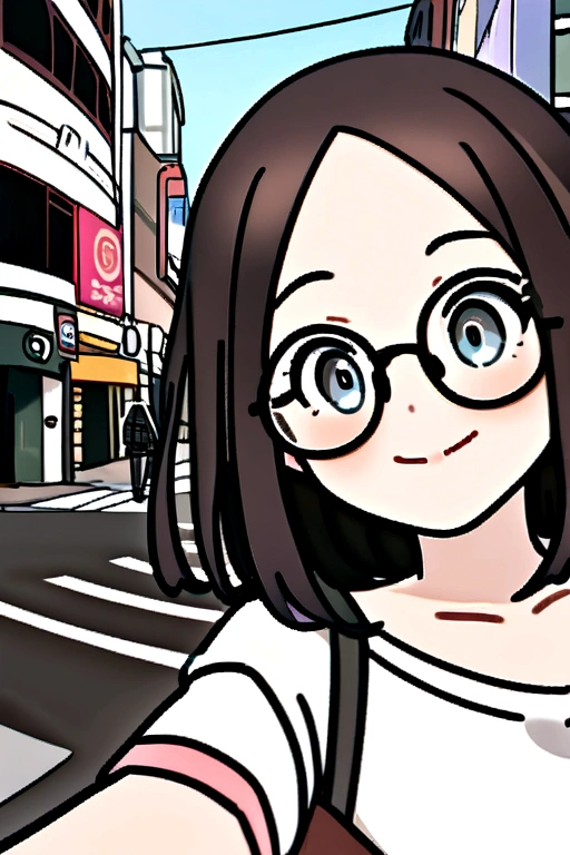 selfie realistca de colegial japonesa de cabelo curto na cor preta, He wears round-framed glasses and has the background of the neighborhood and Shibuya