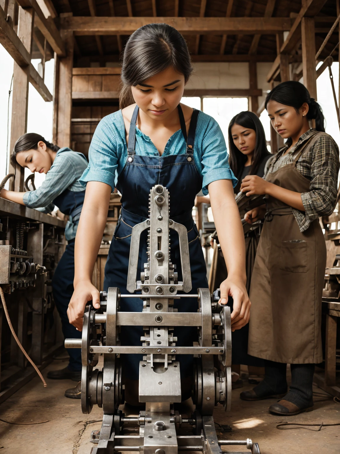 A group of women assembling intricate machinery, their hands working swiftly, faces showing concentration and pride