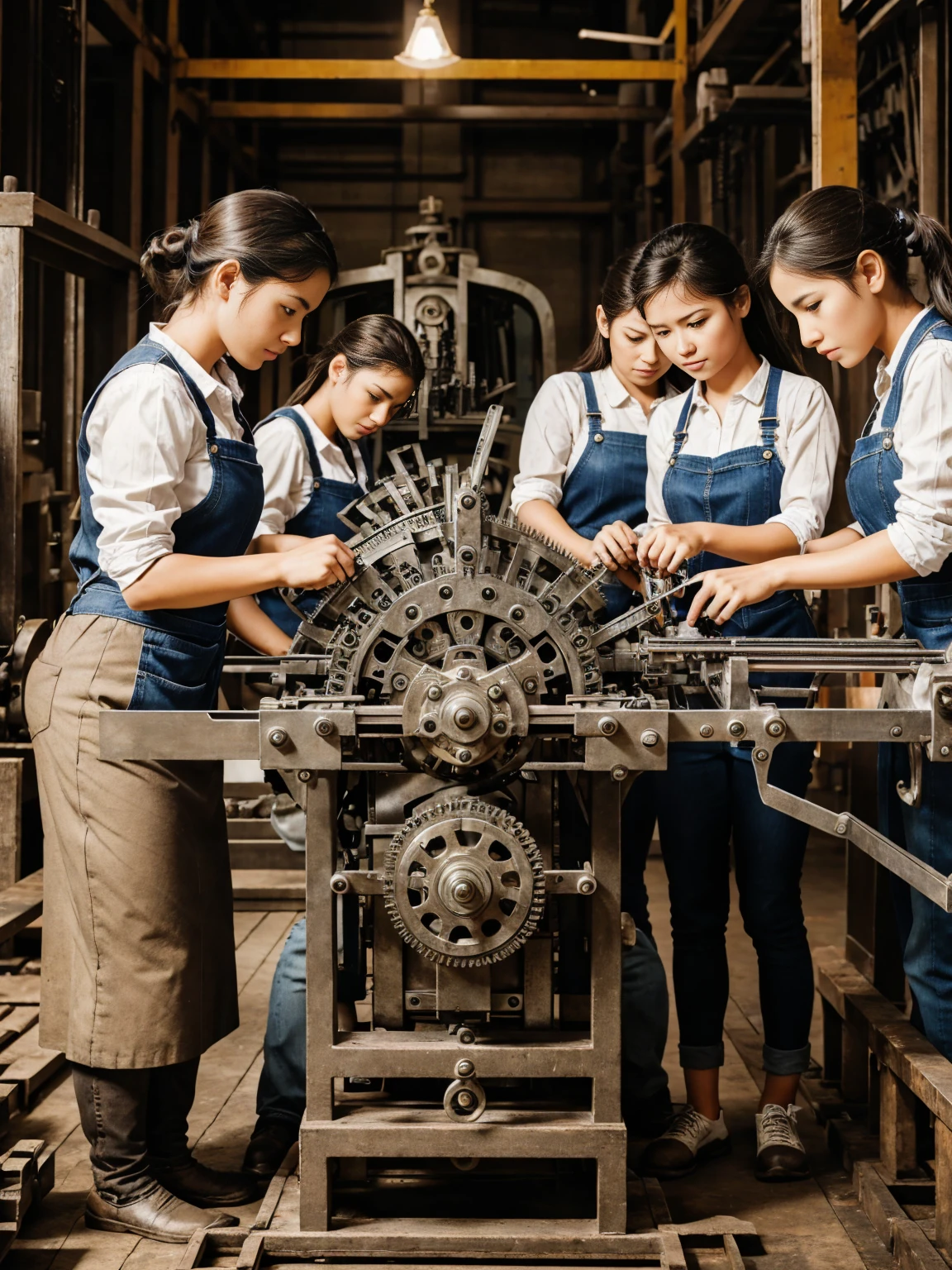 A group of women assembling intricate machinery, their hands working swiftly, faces showing concentration and pride