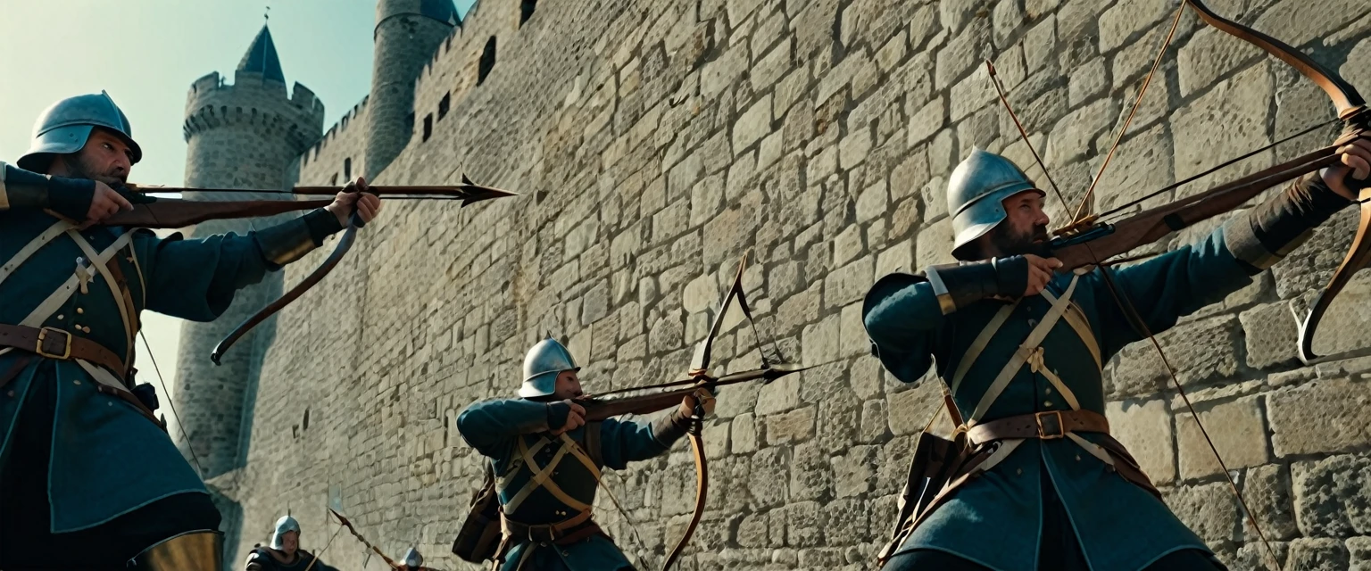 score_9, score_8_up, score_7_up, source_photo, photography, photorealistic, detailed, rating safe, pov, viewer is under the city walls, from below, Wide shot, Medieval soldiers on the city wall firing their crossbows against viewer, masterpiece, best quality, 8k,