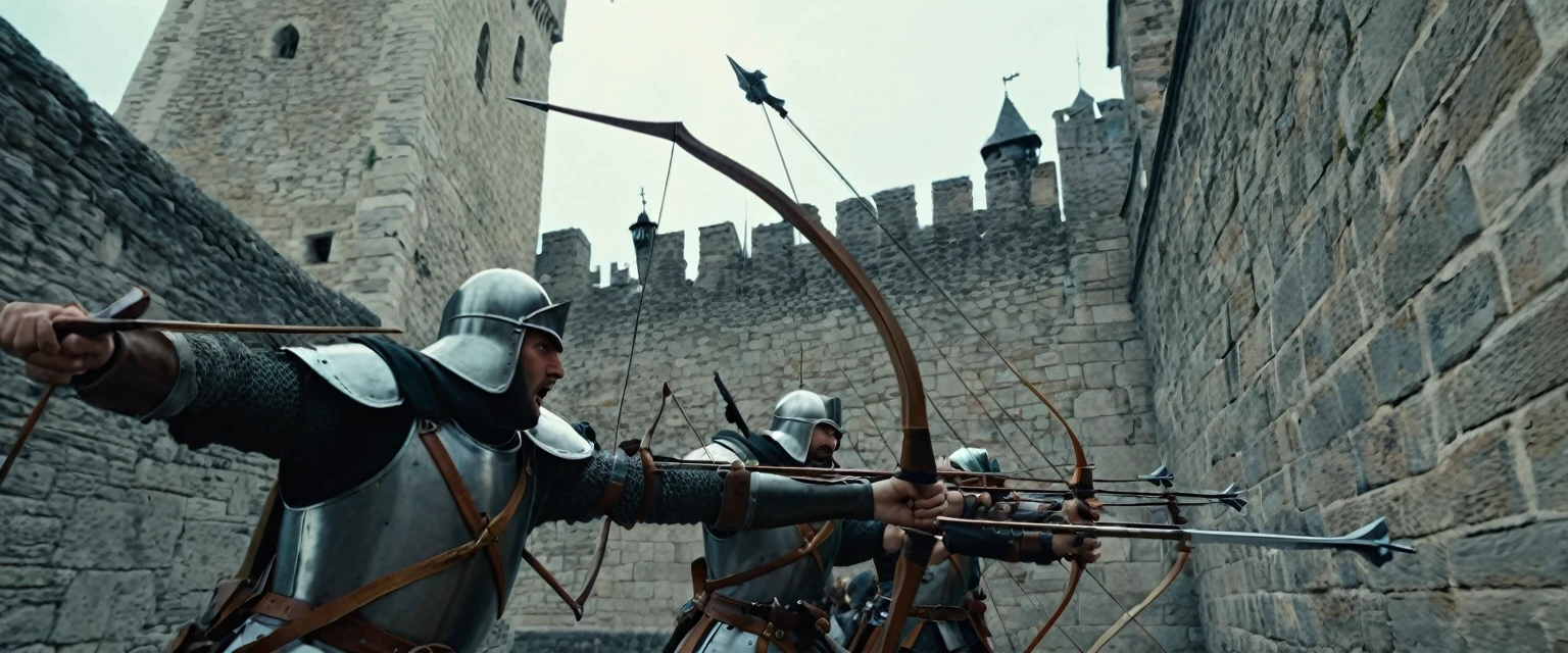 score_9, score_8_up, score_7_up, source_photo, photography, photorealistic, detailed, rating safe, pov, viewer is under the city walls, from below, Wide shot, Medieval soldiers on the city wall firing their crossbows against viewer, masterpiece, best quality, 8k,