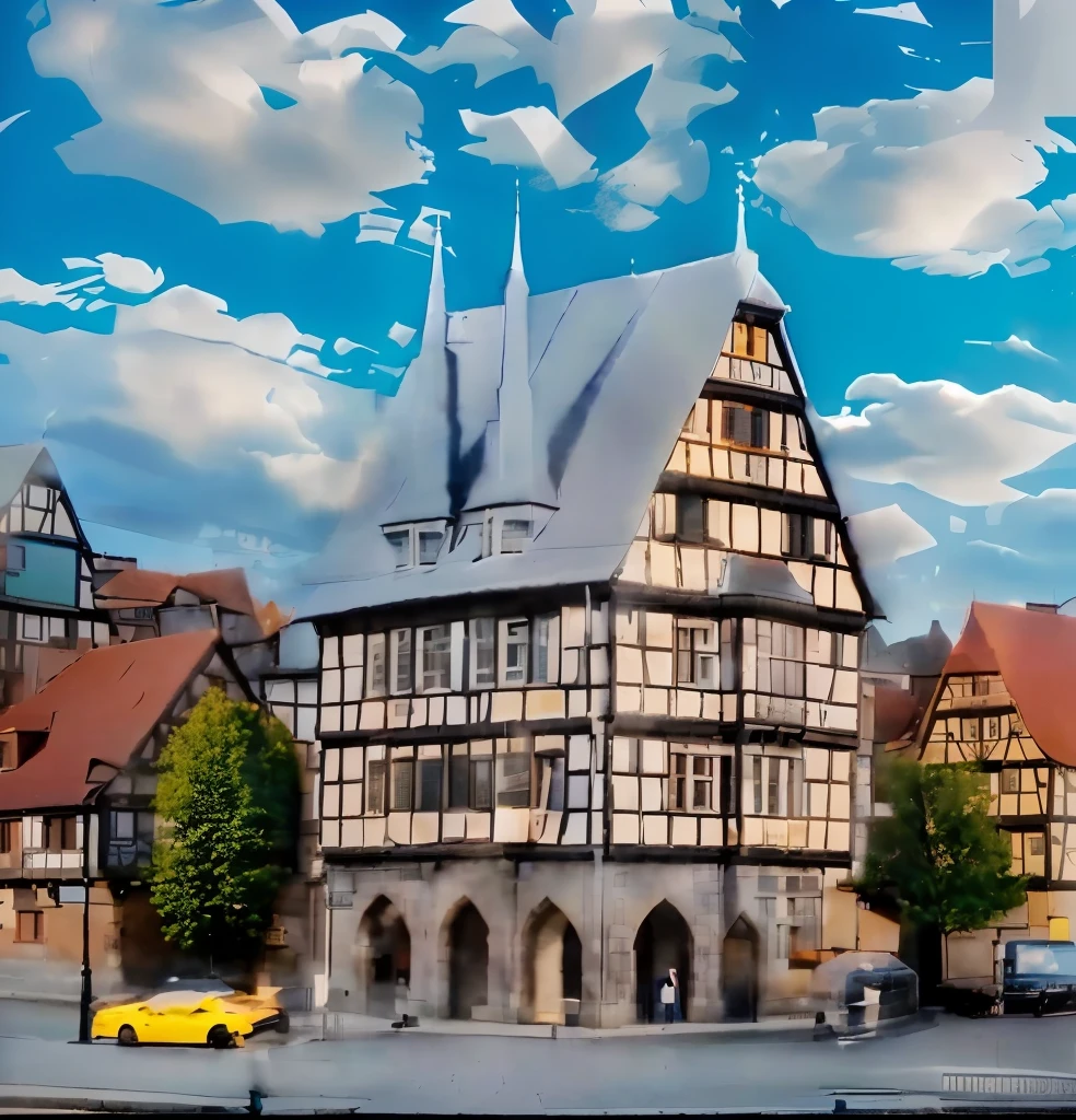 A medieval town square in Alsfeld, Germany, cobblestone streets, half-timbered buildings, colorful flower boxes, warm sunlight, a fountain in the center, people walking, old-world charm, (best quality,4k,8k,highres,masterpiece:1.2),ultra-detailed,(realistic,photorealistic,photo-realistic:1.37),intricate architecture, historic ambiance, picturesque landscape, vivid colors, natural lighting, cinematic composition