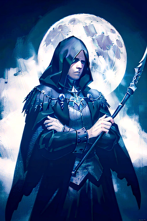 A man wearing a tattered black cloak standing on a high-rise building, wearing a solid black mask, holding a large scythe, a full moon behind him, moonlight casting a cold glow on him, a turtle on his shoulder, extremely detailed facial features, dramatic lighting, dark fantasy, melancholy atmosphere, mysterious, supernatural, surreal, pensive, emotive, grand, (best quality,4k,8k,highres,masterpiece:1.2),ultra-detailed,(realistic,photorealistic,photo-realistic:1.37)