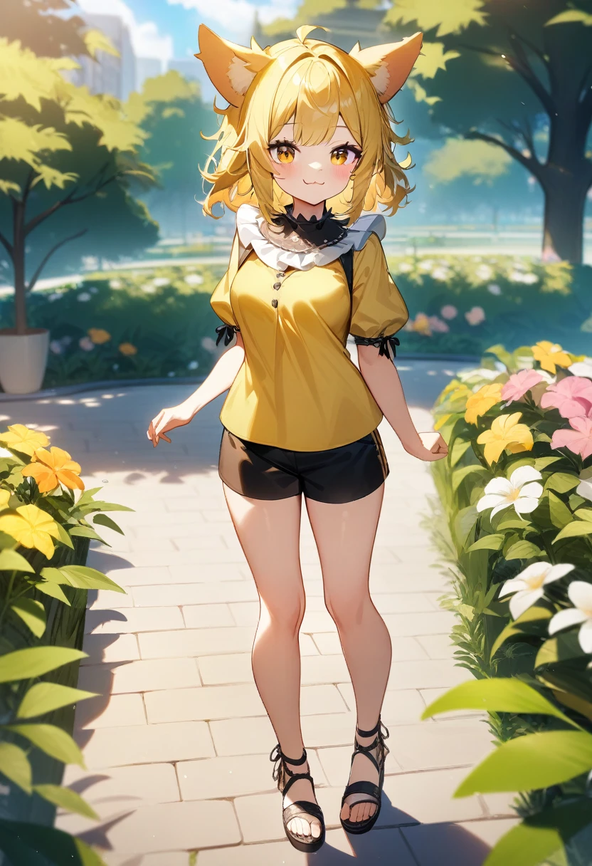 1girl, standing, :3, smile, puppy ears, spiky white ruff collar, cute yellow shirt, black shorts, sandals, medium breasts, spiky hair, messy hair, soft bangs, long yellow hair, park garden, masterpiece quality, ultra HD, 4K, best quality, 