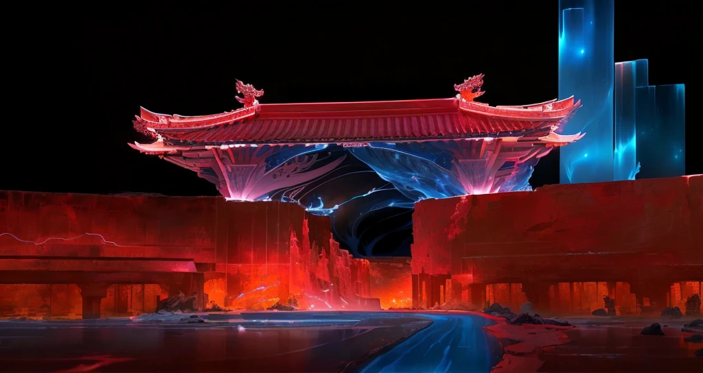 Ethereal的幻想概念艺术（masterpiece、Top quality、Best quality、Official Art）、Dry Landscape、Detailed decoration、magnificent、X-rays、transparent、Bioluminescence、White and blue and red、dark black background、White and blue and red、transparent全息，magnificent、Celestial Bodies、Ethereal、、epic、majestic、magic、Fantasy Art、Cover Art