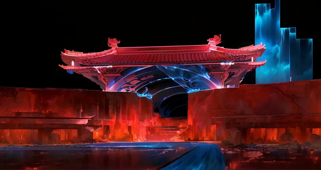 Ethereal的幻想概念艺术（masterpiece、Top quality、Best quality、Official Art）、Dry Landscape、Detailed decoration、magnificent、X-rays、transparent、Bioluminescence、White and blue and red、dark black background、White and blue and red、transparent全息，magnificent、Celestial Bodies、Ethereal、、epic、majestic、magic、Fantasy Art、Cover Art