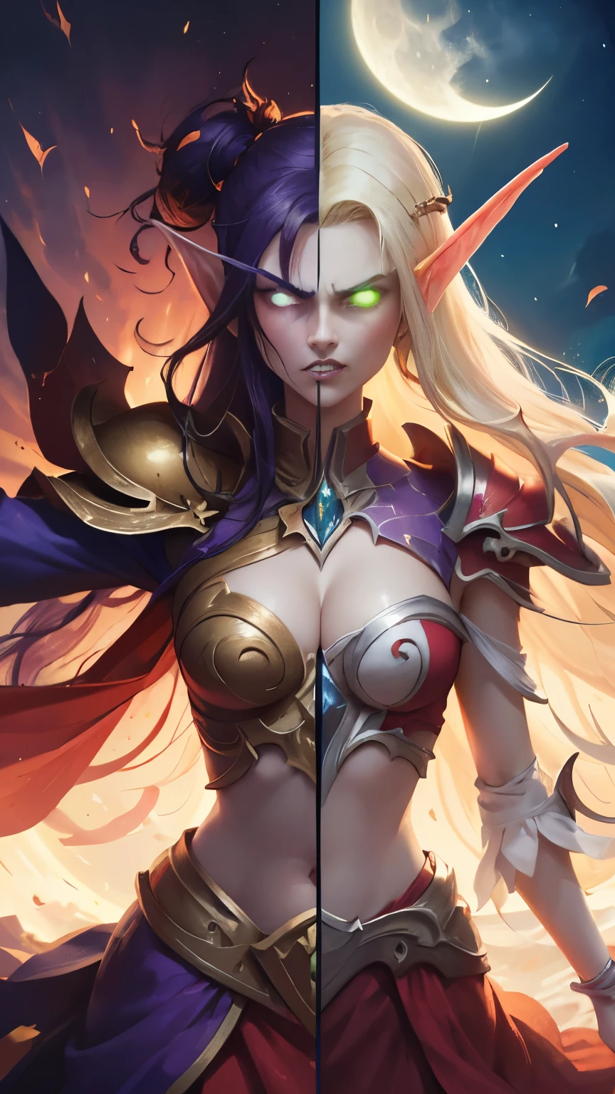 (Masterpiece, highly detailed, highly quality,  highly resolutions), 2 Pointy Ears, 2 eyebrows, line between the middle, Split Colored Hair in the Middle, cut the screen in the Middle, cut the Sun and Moon in Half, Split Colored Lips in the Middle, ({{BREAK nightelf, SplitScreen, split screen, Left screen, angry, clenched teeth, glowing eyes, left blue eyes, left Purple Hair, colored skin, mature female, purple Dress, purple shoulder pad, Navel, Cleavage, purple lips, looking at viewer, night, Sleeve, Long eyebrows, Princess of the Moon, Moon Background, left Half Moon center}}), vs, (BREAK bldelf, SplitScreen, splitscreen, Right Screen, angry, clenched teeth, glowing eyes, right Green eyes, right Blonde hair, colored sclera, mature female, Red Dress, red shoulder pad, Navel, cleavage, red lips, looking at viewer, day, Sleeves, long Eyebrows, Princess of the Sun, Sun Background, right Half Sun center))