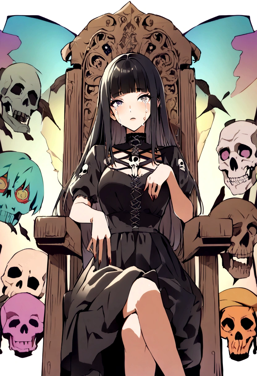 Black Hair、Black Feather、Gothic punk dress、Legs sticking out，Sit on a chair, Crossing your legs、Throne、tears,anime zombie witch design, Crossbones, skull, Streetwear Design, Provector, Horror Style, Full Design, Only 6 colors, Solid Colors, No Shadow, Full Design, Stickers, Bright colors, White Background.Ultra-fine illustrations,(((Beautiful fine hair))),(((Beautiful Faces))),(((Beautiful background))),(((Beautiful fine hair))),(((Beautiful Faces))),(((Beautiful background)))、Black Hair、Blunt bangs