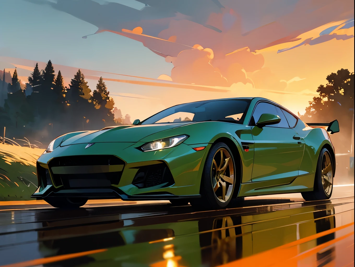a detailed hyperrealistic photo of a red sports car speeding down an empty countryside road, dramatic lighting, vivid colors, cinematic atmosphere, realistic details, intricate textures, glossy body, road reflections, depth of field, golden hour lighting, dramatic clouds, lush green foliage, rolling hills in the background