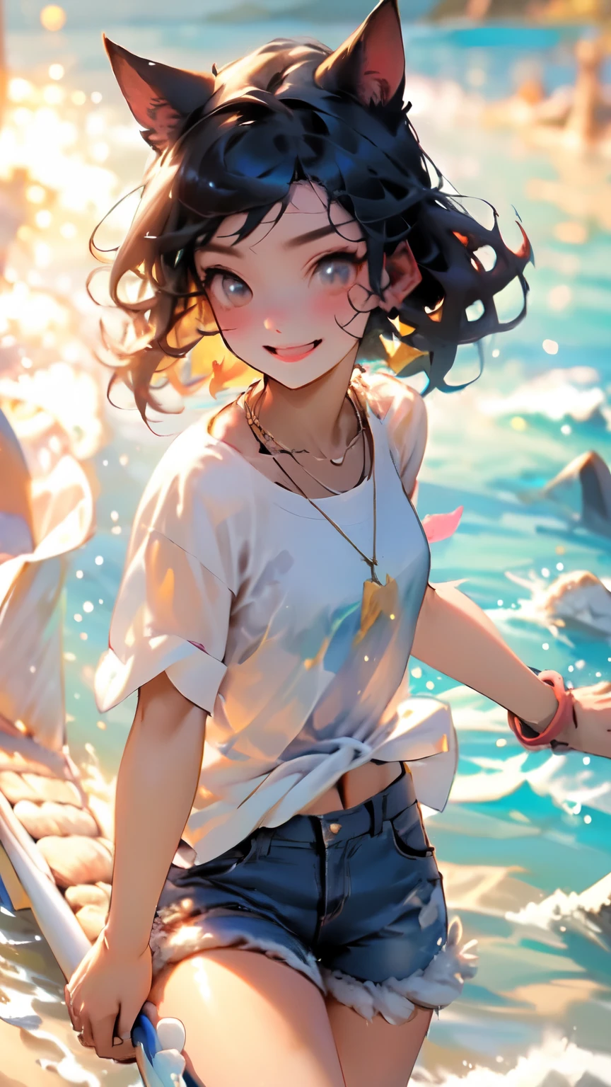 Collecting shells on the beach, clam digging, girl with cat ears, pink fur, white T-shirt, light blue shorts, necklace, friendship bracelet, short T-shirt, smile, look this way, gentle sunlight, sunset, rolling water splashes